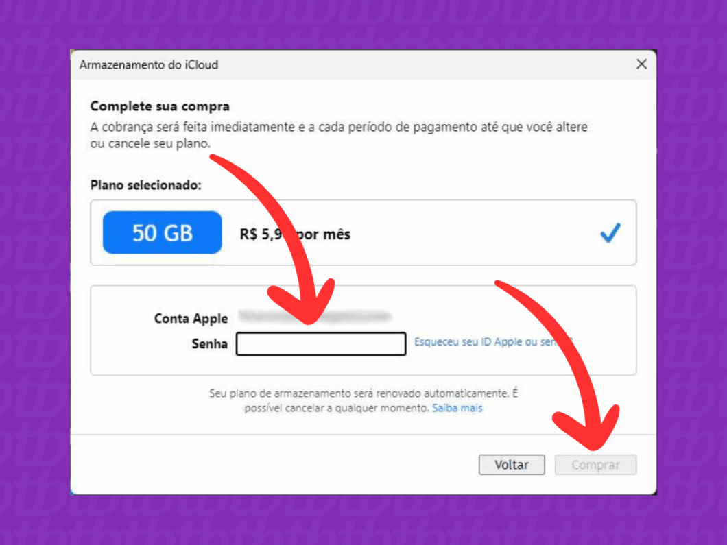 Confirmando a compra de espaço de armazenamento no iCloud