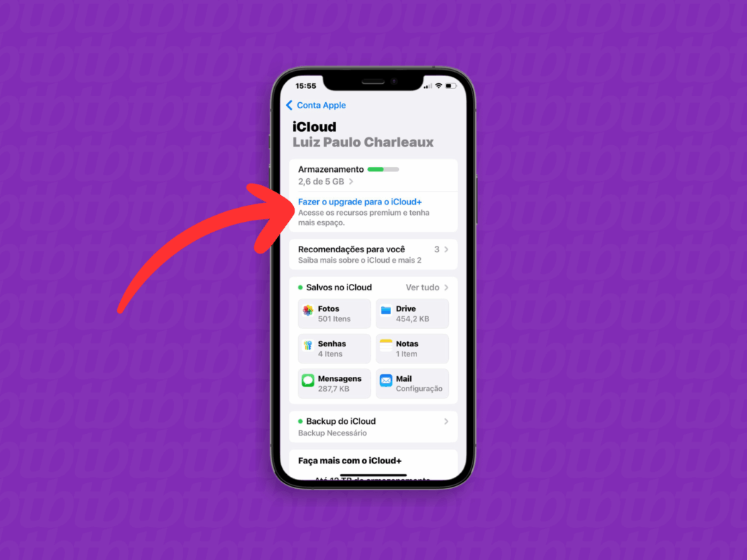 Escolhendo a opção "Fazer o upgrade para o iCloud+" ou "Mais planos"