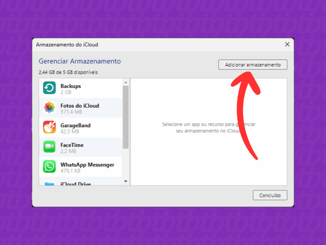 Clicando em "Adicionar armazenamento" do iCloud