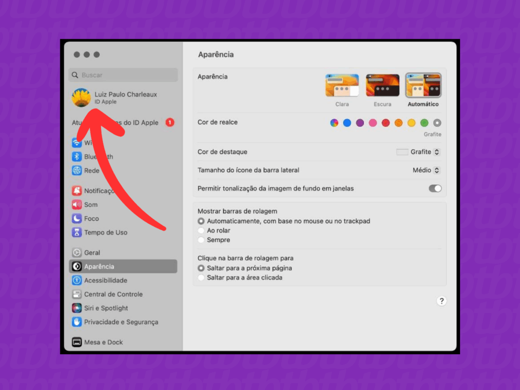 Abrindo as opções de usuário