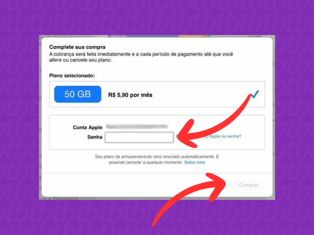 Confirmando o pagamento do armazenamento do iCloud
