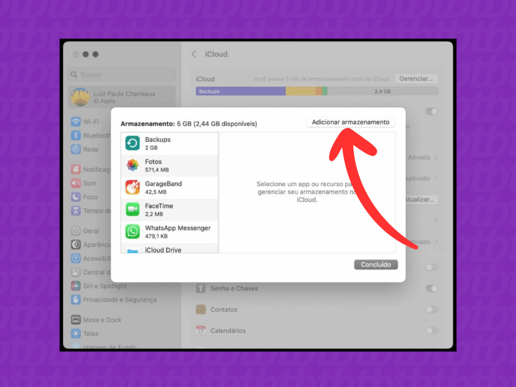 Abrindo a opção "Adicionar armazenamento" do iCloud
