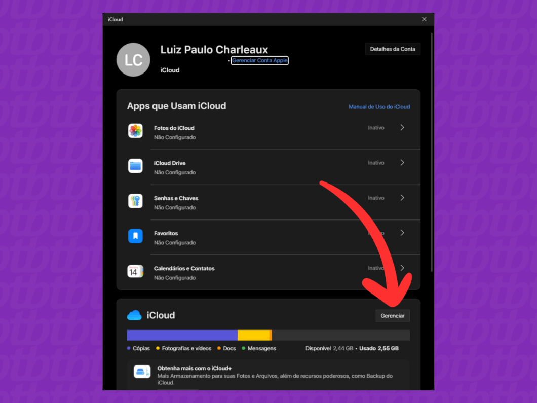 Acessando a opção "Gerenciar" iCloud no app do Windows