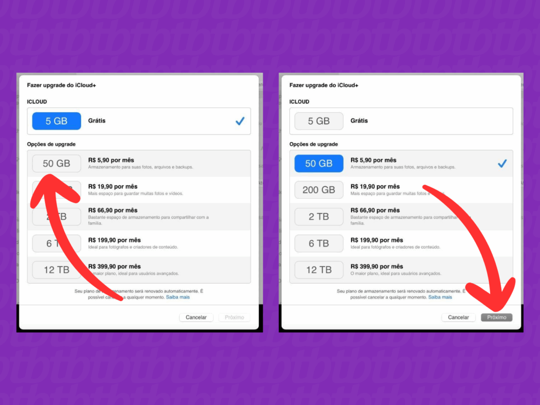 Escolhendo o plano de upgrade do iCloud+