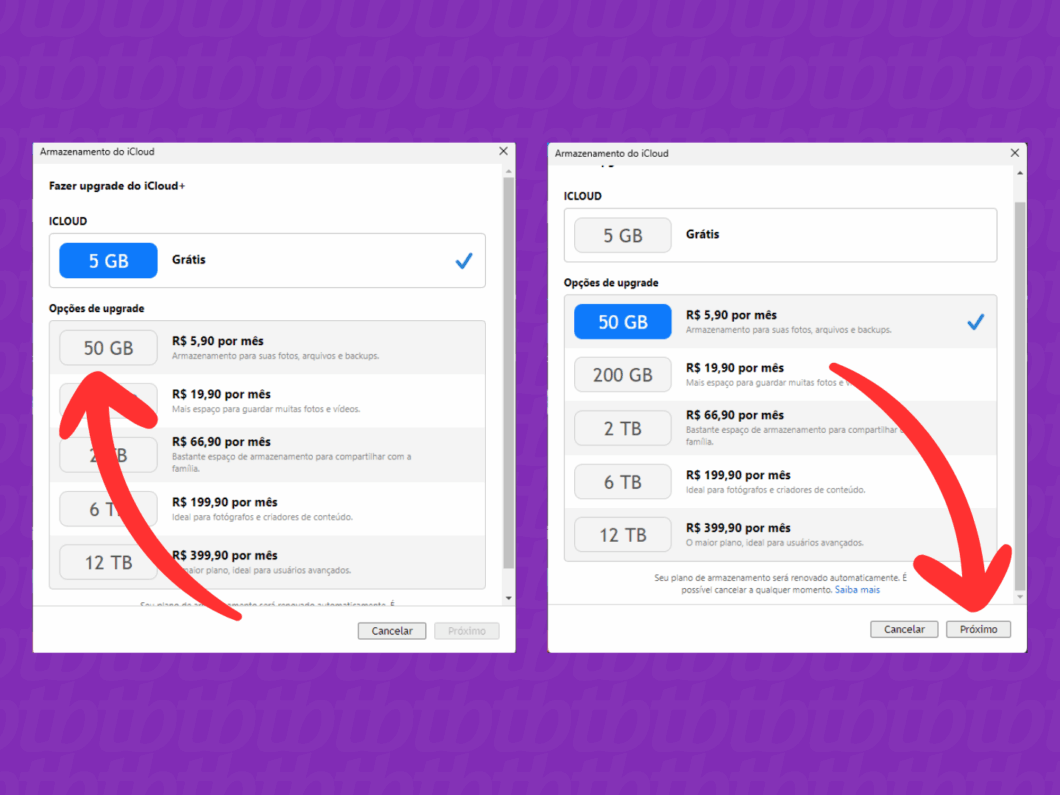 Escolhendo o plano de upgrade do iCloud+