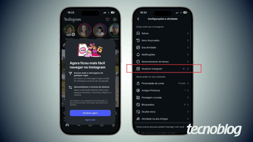 capturas de tela do app do Instagram com a mudança de layout