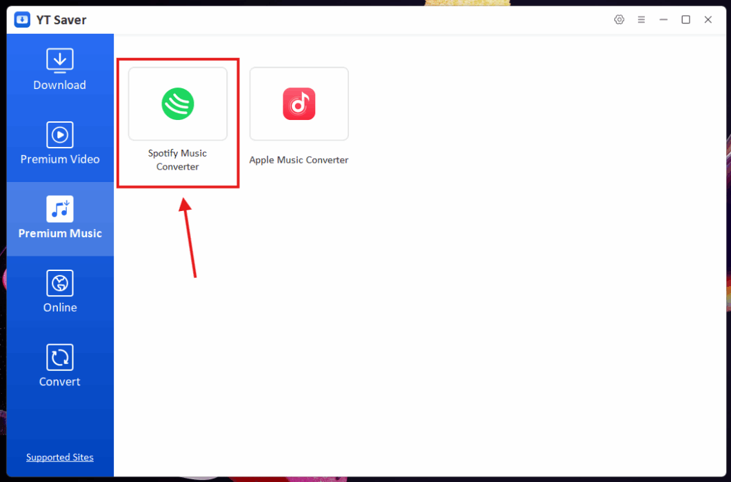 Aba "Premium Music" aberta, em um espaço brando duas opções: Spotify e Apple Music. Um destaque em vermelho circula a opção Spotify