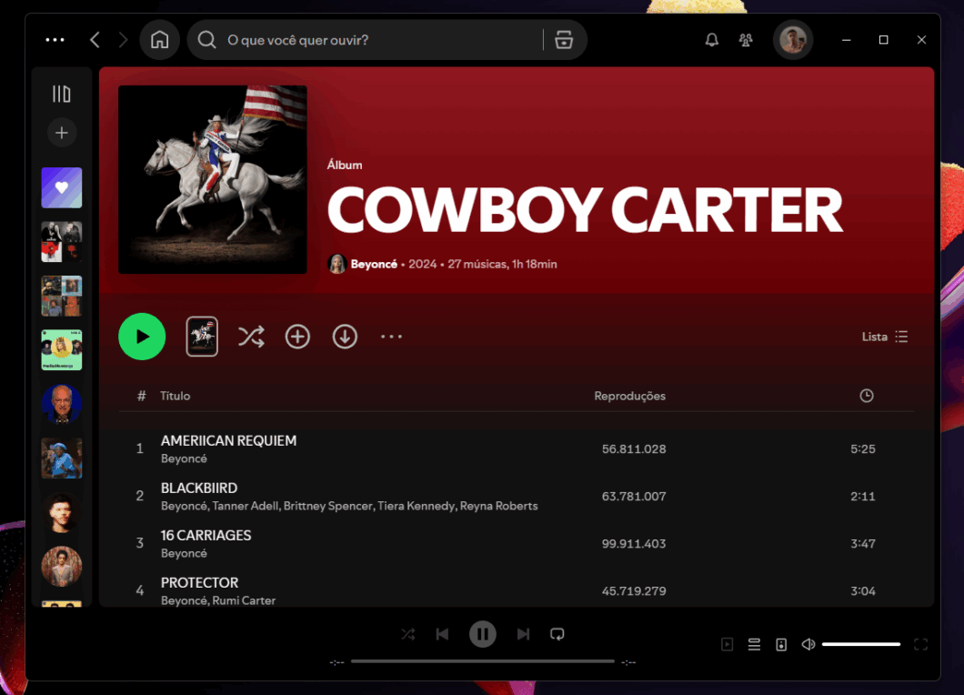 Captura de tela do álbum Cowboy Carter, da Beyoncé, no Spotify