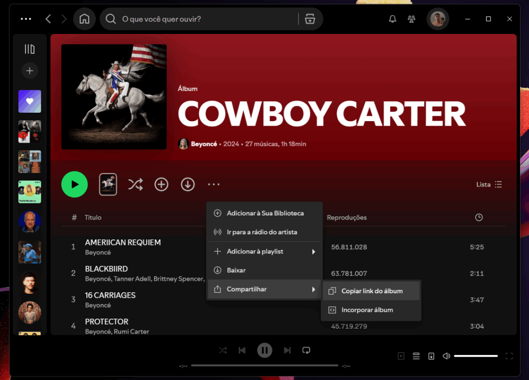 Captura de tela do álbum cowboy carter da Beyoncé no Spotify
