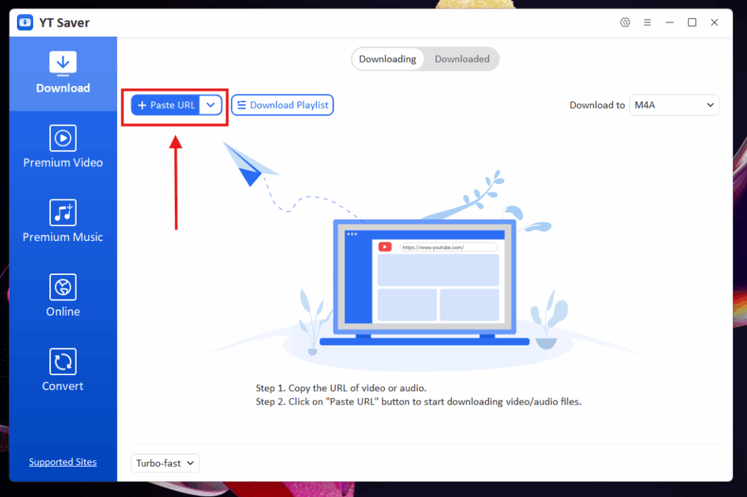 Tela inicial do YT Saver com destaque ao botão de adicionar URL 
