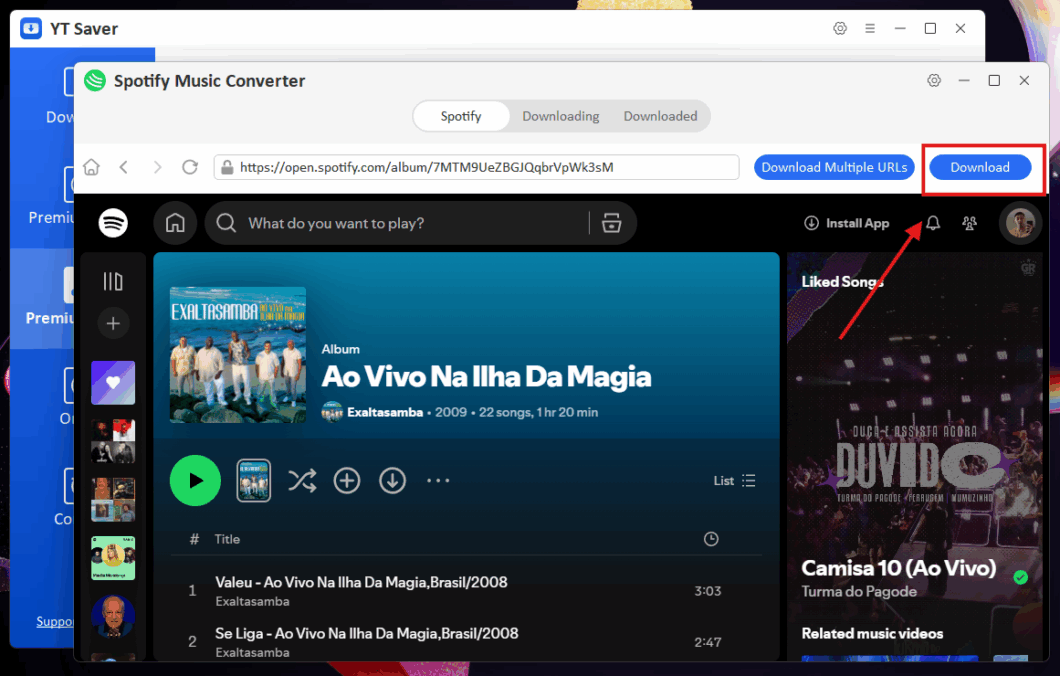 Tela do Spotify aberta, com um álbum do Exaltasamba e uma seta vermelha apontando para a opção "download" no canto superior direito