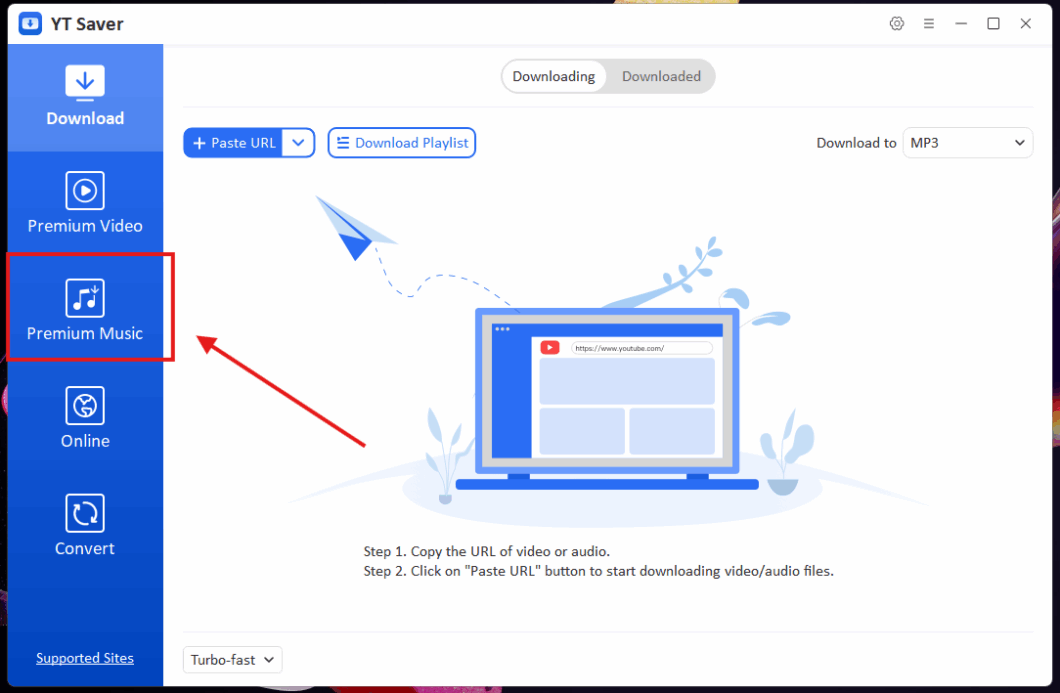 Tela inicial do YT Saver com destaque à opção "Premium Music"