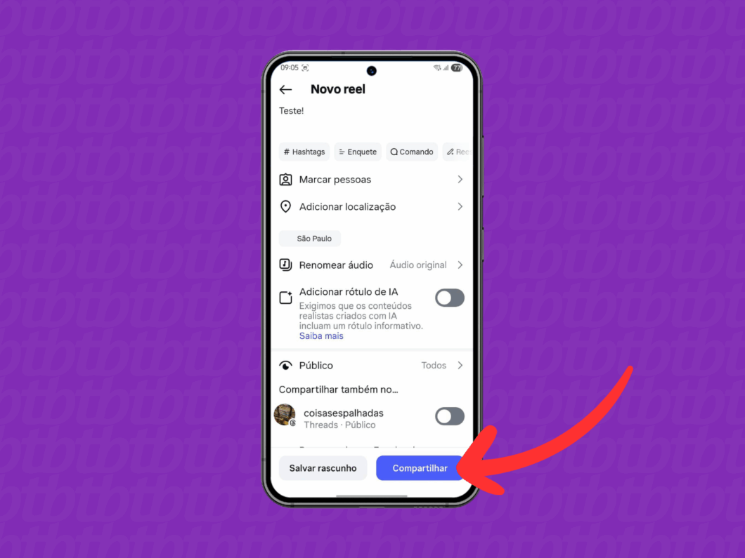 Compartilhando o Reel com a opção de traduzir voz ativada