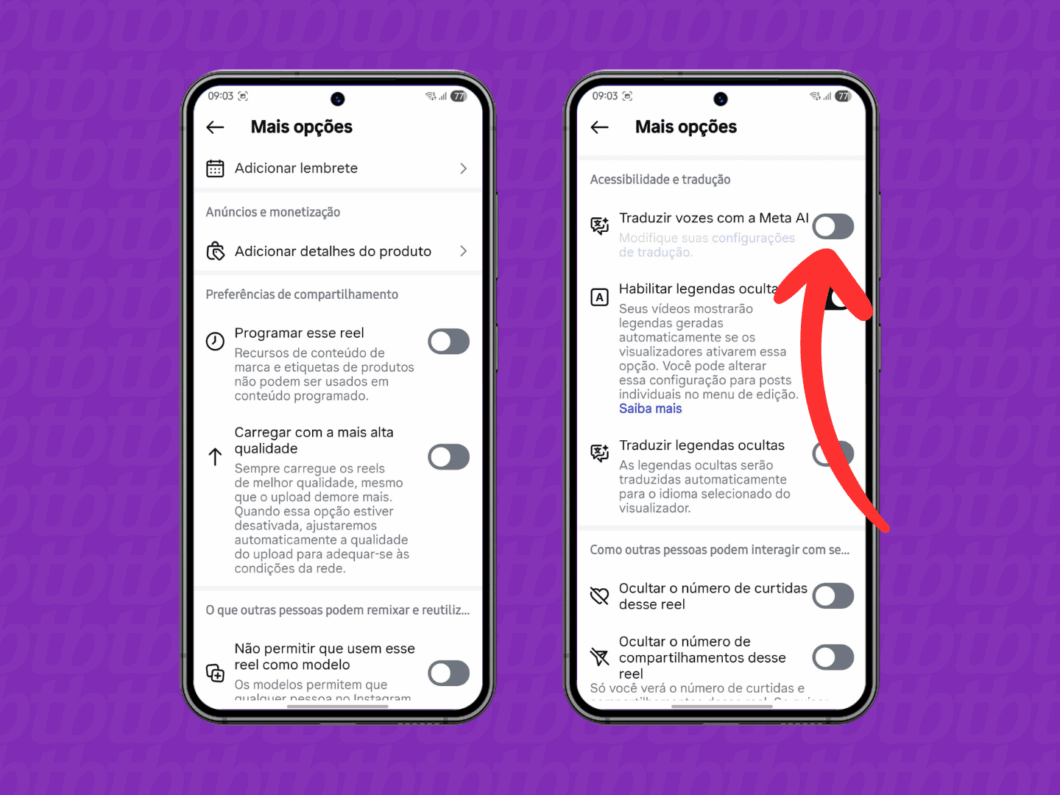 Ativando a opção "Traduzir vozes com a Meta AI"
