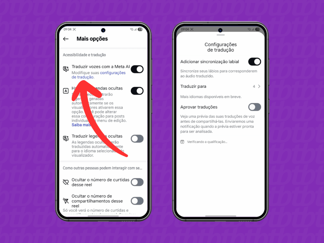 Abrindo as configurações de tradução do Instagram