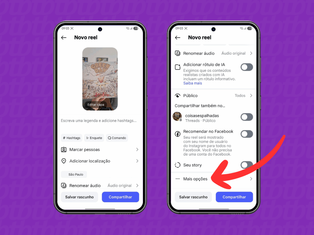Acessando o menu "Mais opções" do Reel