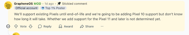 Ambiguidade de suporte do Graphene OS Pixel