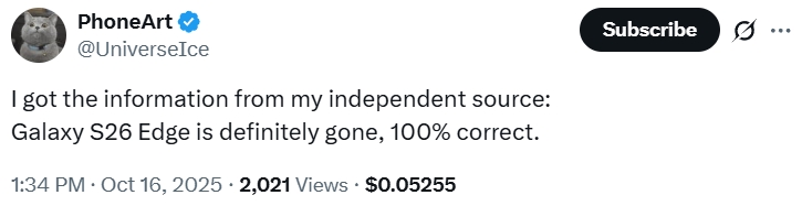 Ice Universe sobre o cancelamento do Samsung Galaxy S26 Edge