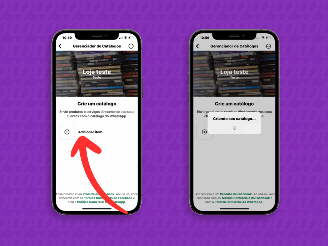 Tocando em "Adicionar item" para iniciar a criação do catálogo