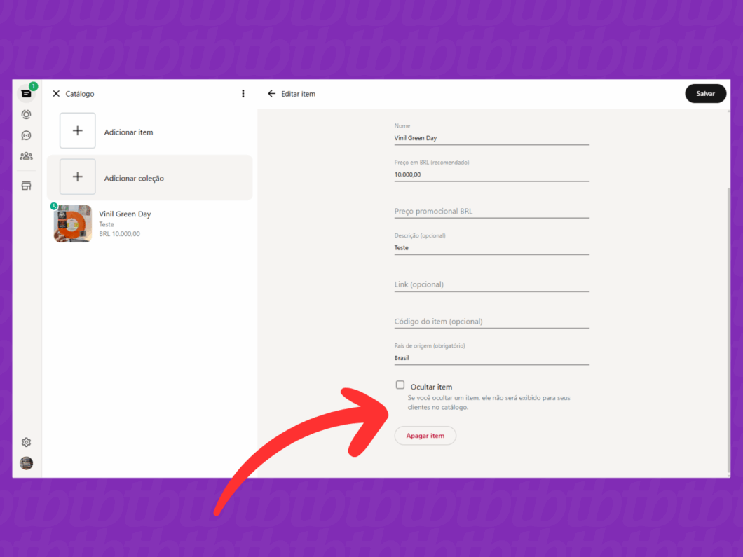 Vendo a opção "Ocultar item" e "Apagar item"