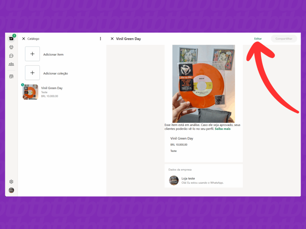 Abrindo a opção de editar o item do catálogo