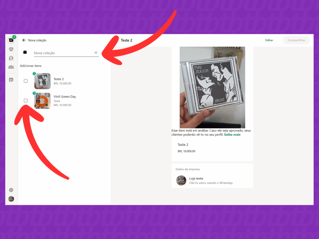 Dando um nome e selecionando os itens da coleção