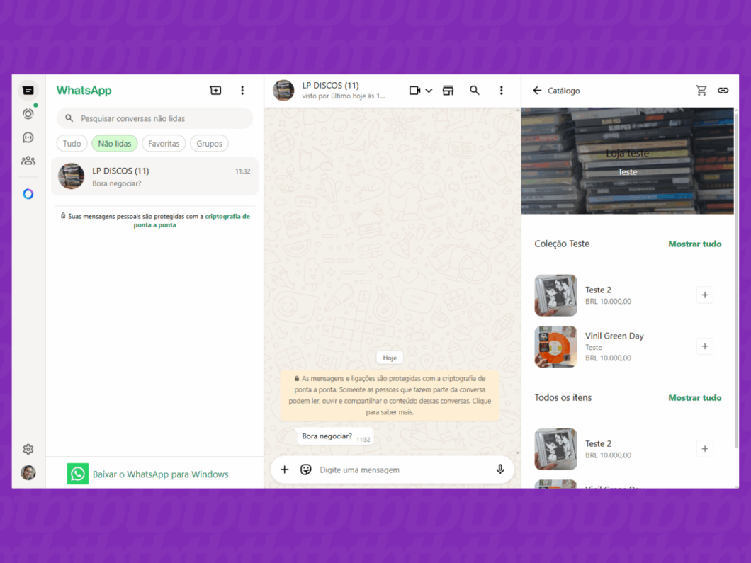 Visualizando o catálogo da empresa no WhatsApp