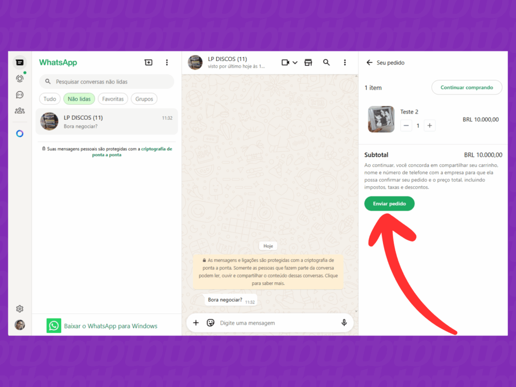 Enviando o pedido para empresa pelo WhatsApp