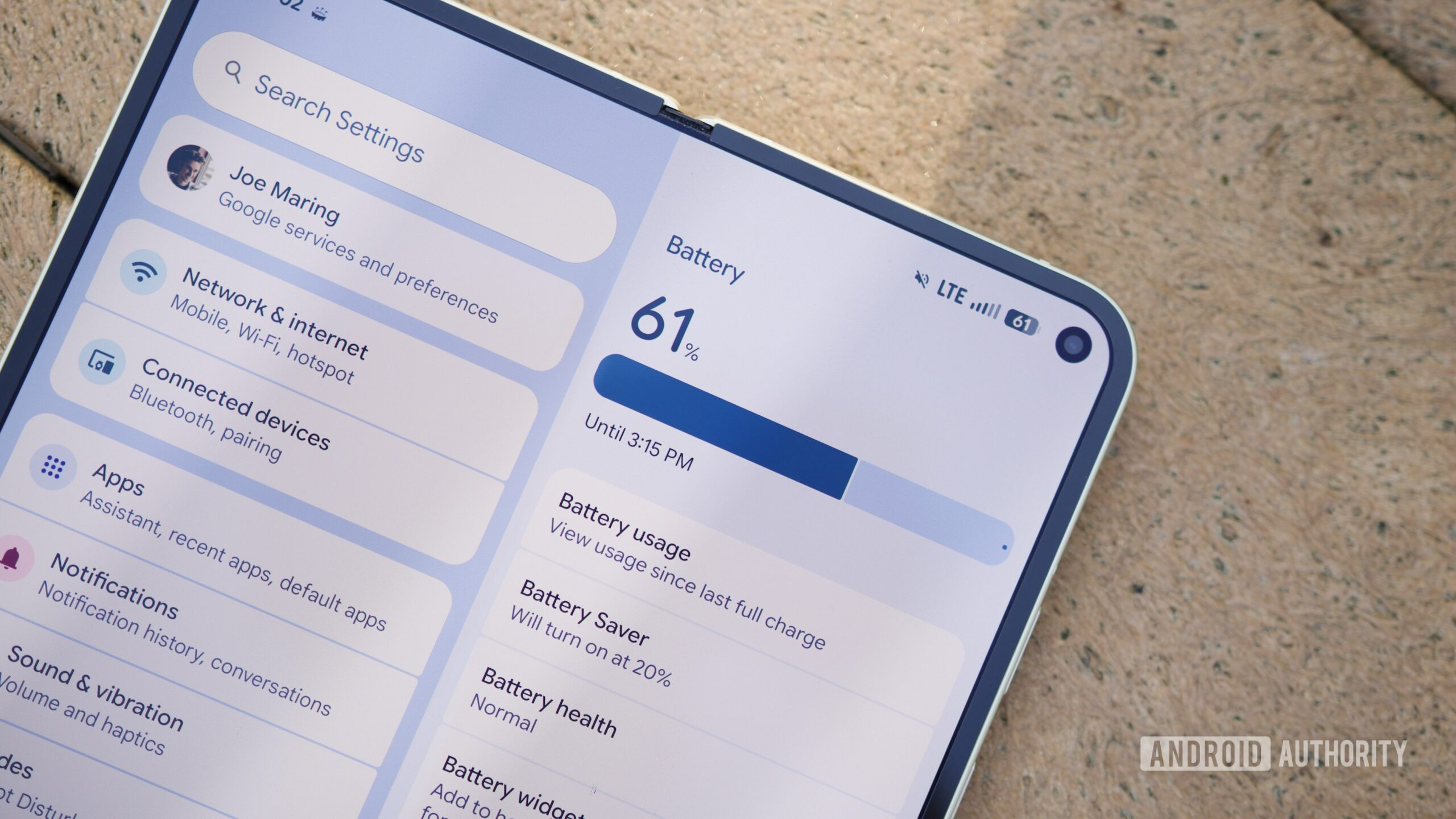 Página de configurações da bateria no Google Pixel 10 Pro Fold.