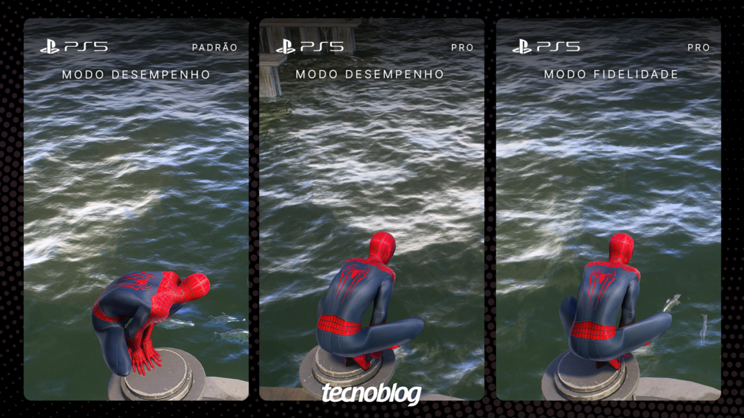 Imagem comparativa do jogo Spider-Man 2 no console PlayStation 5 Pro e PlayStation 5