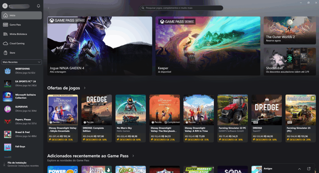 Interface da plataforma Xbox no PC