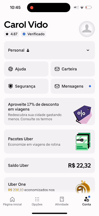 GIF mostrando opção Preferência das Mulheres nas configurações do app da Uber