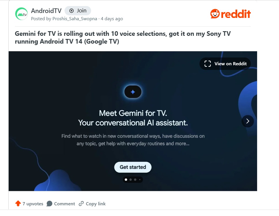 Reddit screenshot of Gemini on Sony TVs post