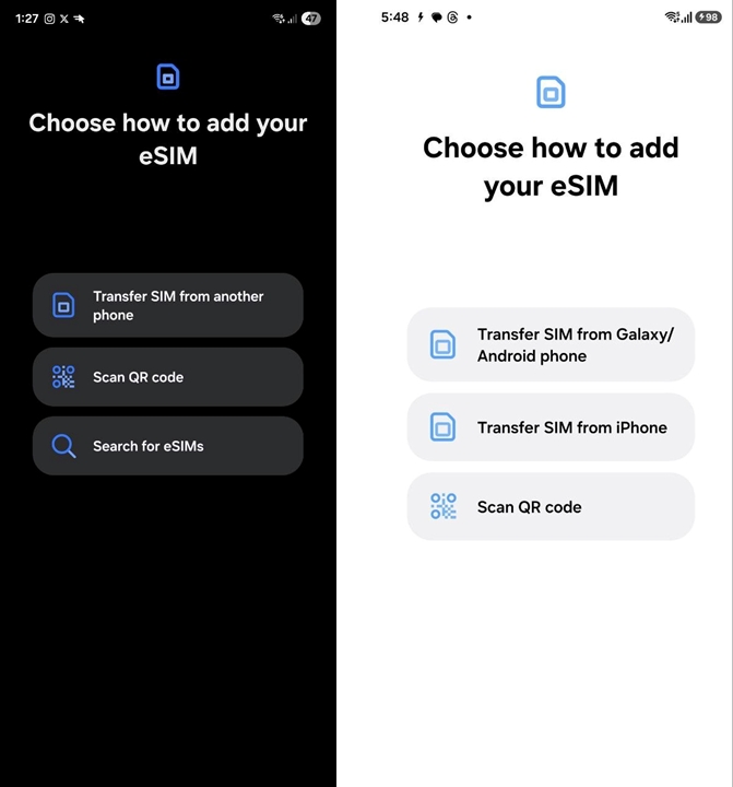 One UI 8 à esquerda, One UI 8.5 à direta, com função que importa eSIM de iPhone e Android