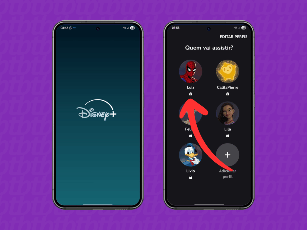 Abrindo o app do Disney+ e selecionando o perfil para assistir aos conteúdos