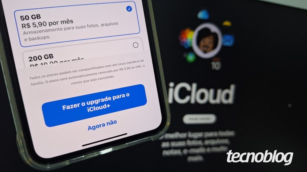 imagem de um iPhone exibindo a mensagem "fazer o upgrade para o icloud+"
