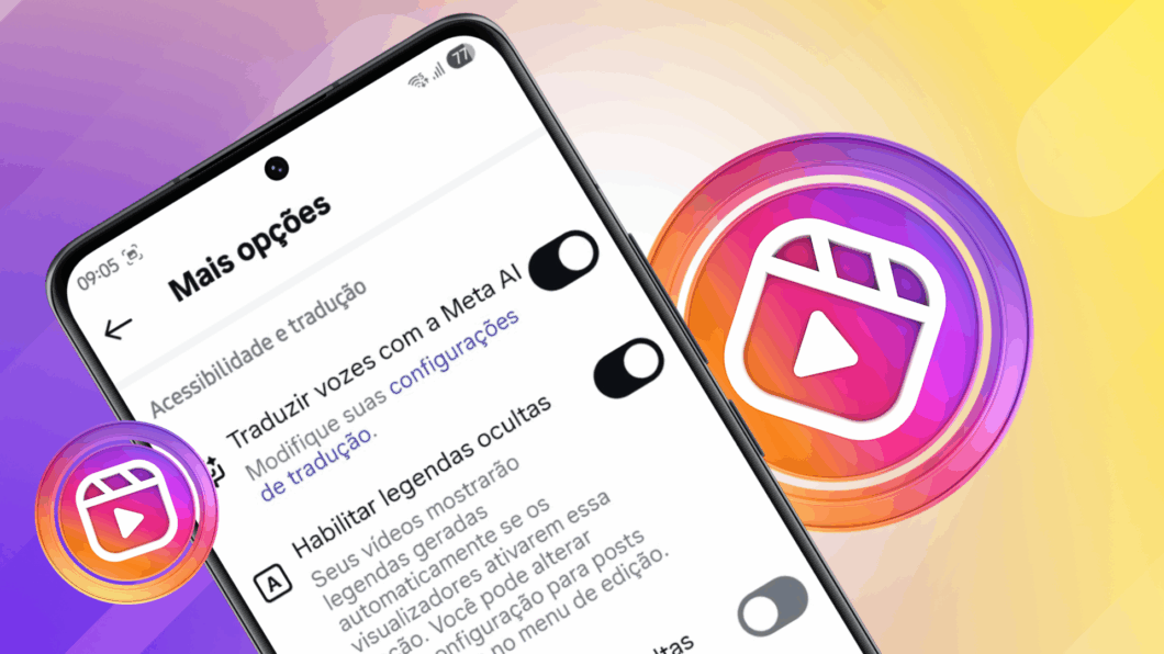 ilustração mostra o menu "Mais Opções" do Instagram com a funcionalidade "Traduzir vozes com a Meta AI" ativada