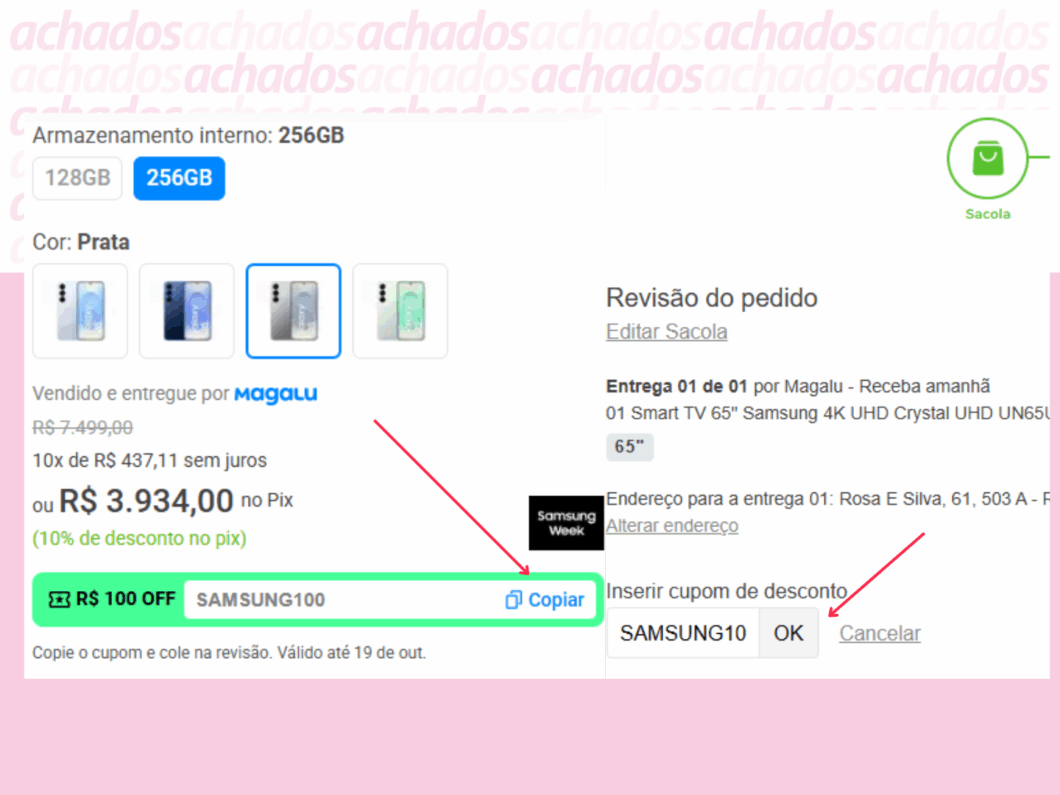 Há duas imagens, a esquerda com uma seta vermelha apontando para como copiar cupom. A direita, outra imagem de com seta vermelha indicando como colar cupom