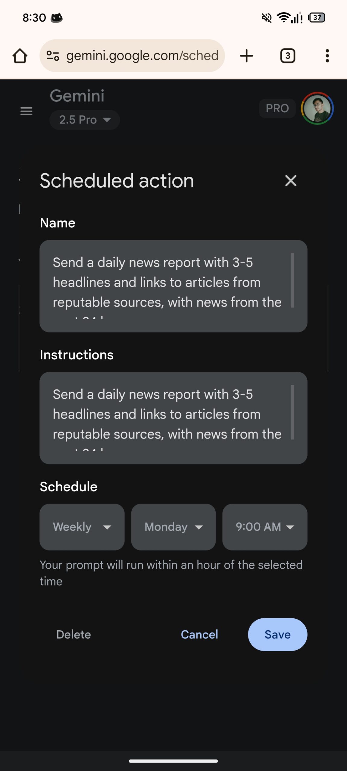 Interface da web de ações agendadas de Gêmeos