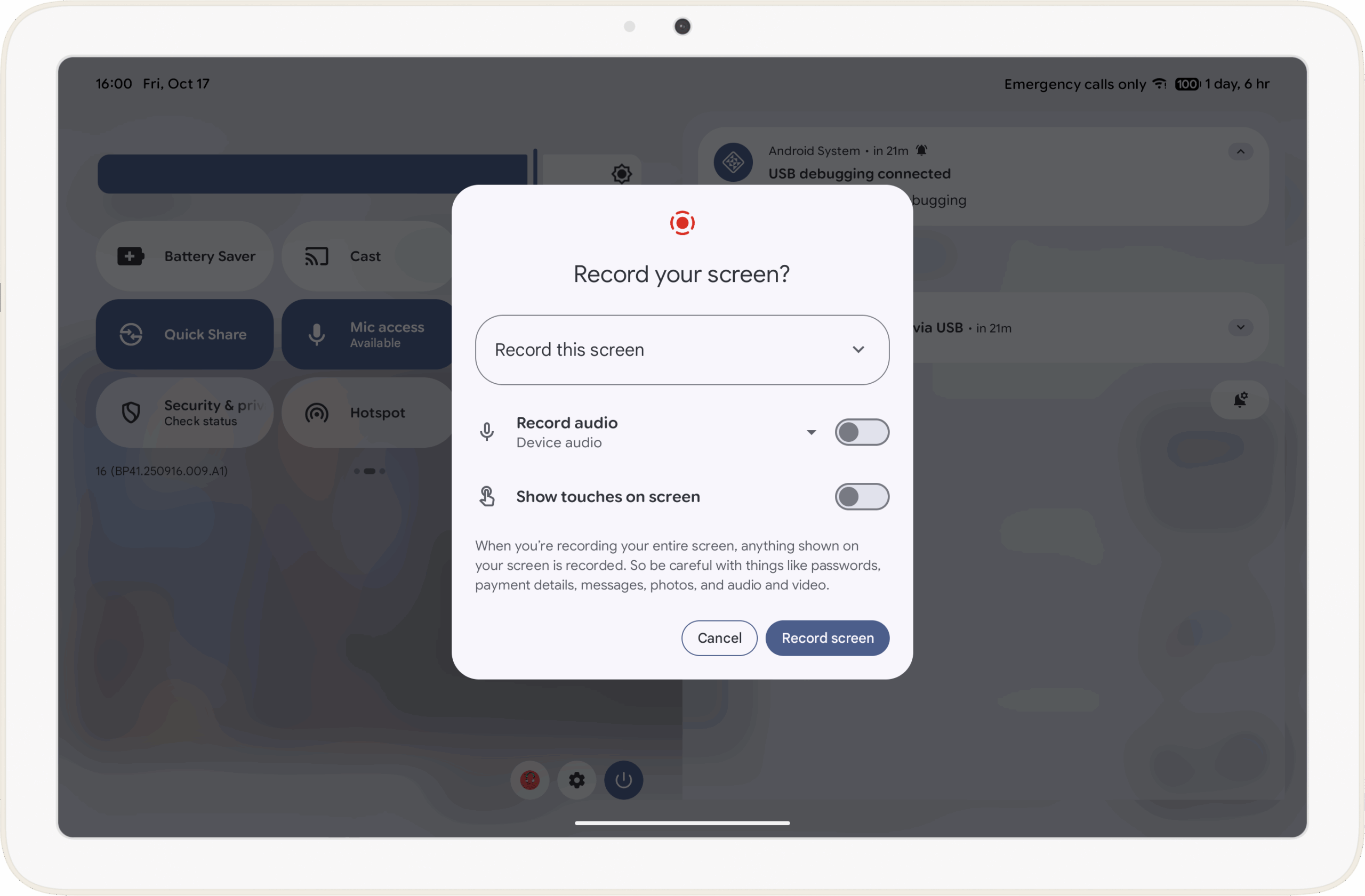Caixa de diálogo do gravador de tela antigo no Android