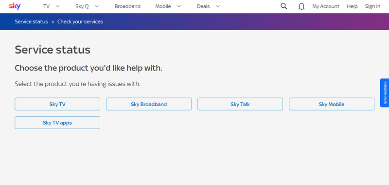 Sky service status page