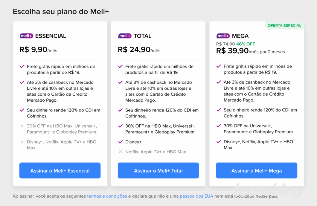 Imagem mostra uma tabela comparativa de planos do serviço “Meli+”. As opções são “Essencial” por “R$ 9,90/mês”, “Total” por “R$ 24,90/mês” e “Mega” em “oferta especial” por “R$ 39,90/mês por 2 meses”. Todos oferecem frete grátis e cashback com o Cartão Mercado Pago. Os planos mais caros incluem descontos em streamings e acesso a plataformas como Disney+, Netflix e HBO Max.