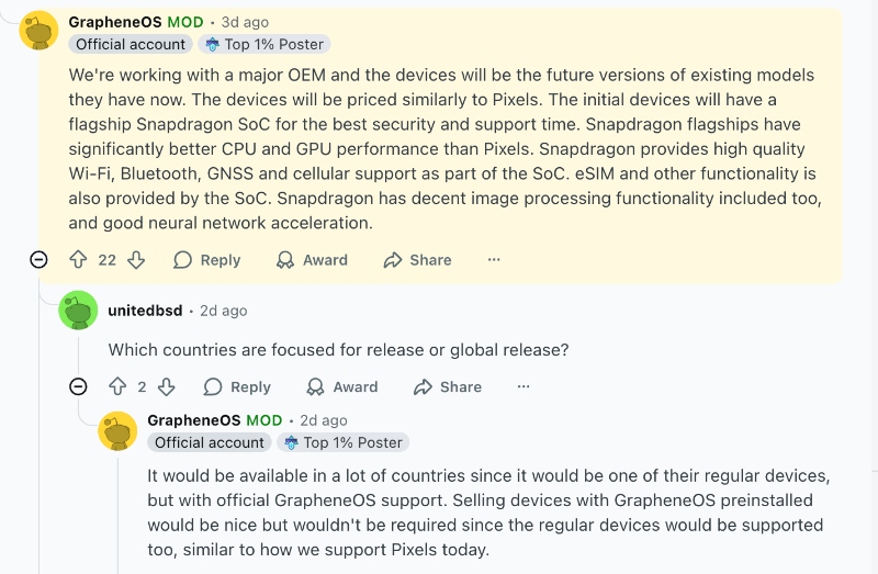 Confirmação de parceria OEM do Graphene OS Android