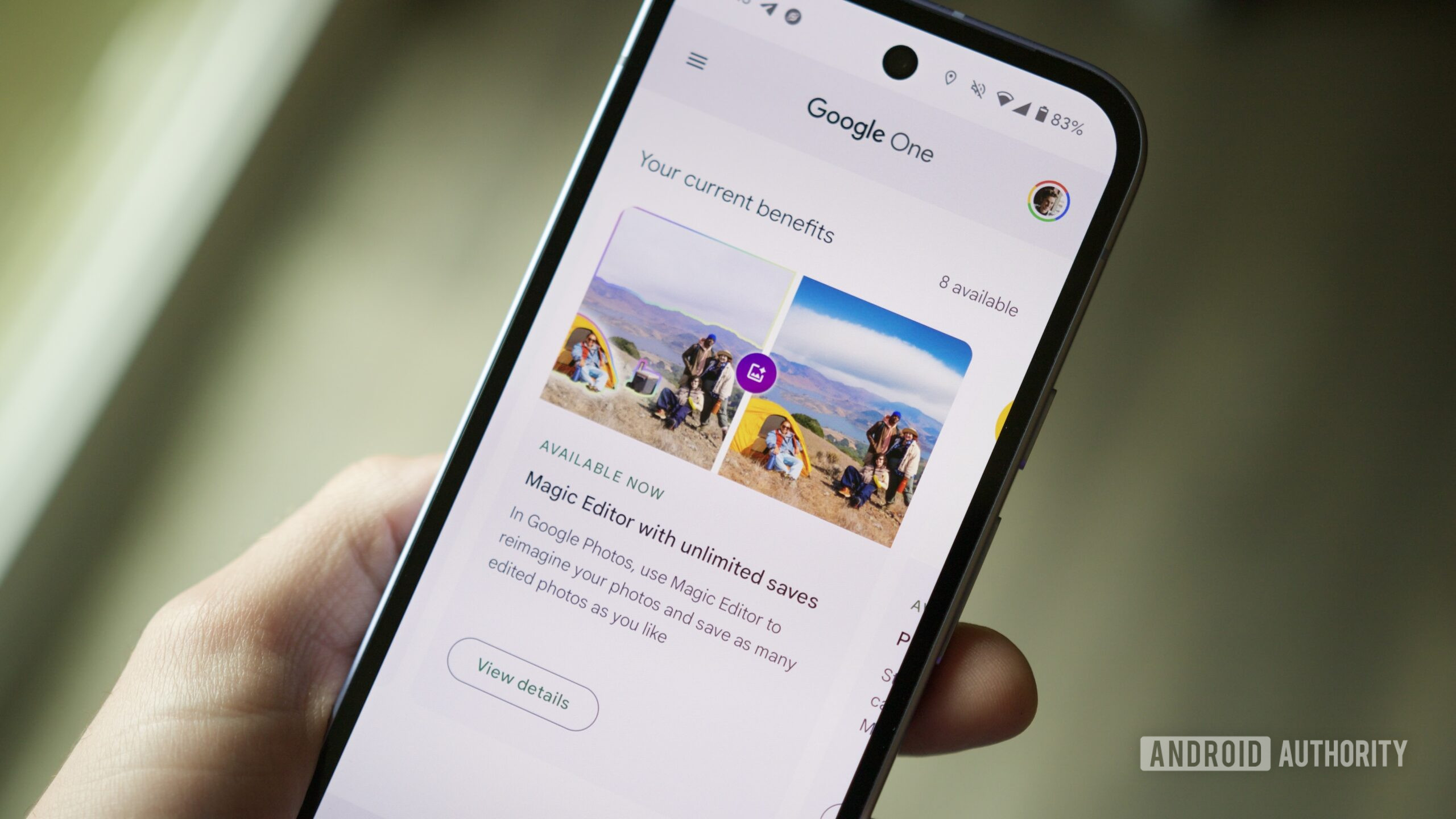 Aplicativo Google One mostrando os benefícios incluídos na assinatura de uma conta.