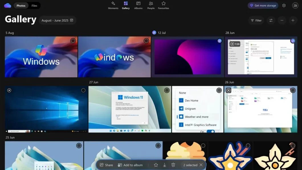 Captura de tela mostra nova versão do aplicativo do OneDrive, com galeria reformulada.