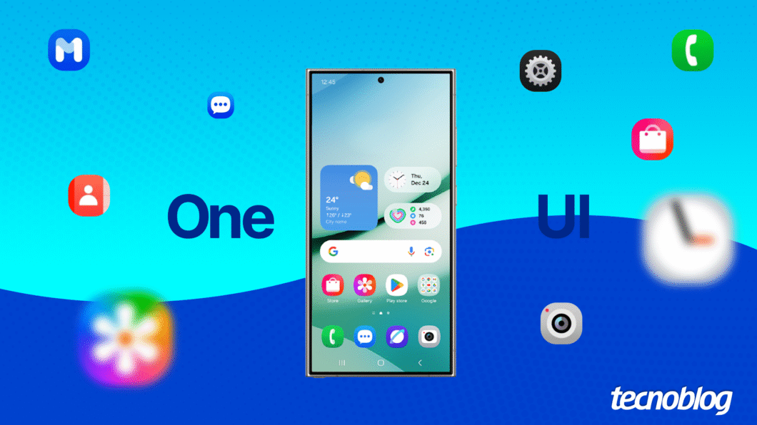 Uma tela de smartphone centralizada exibe a interface "One UI" da Samsung, com widgets de clima e calendário e diversos ícones de aplicativos. Ao redor do celular, flutuam outros ícones de apps borrados. As palavras "One" e "UI" aparecem em destaque. O fundo é azul gradiente e no canto inferior direito, o logo "tecnoblog".