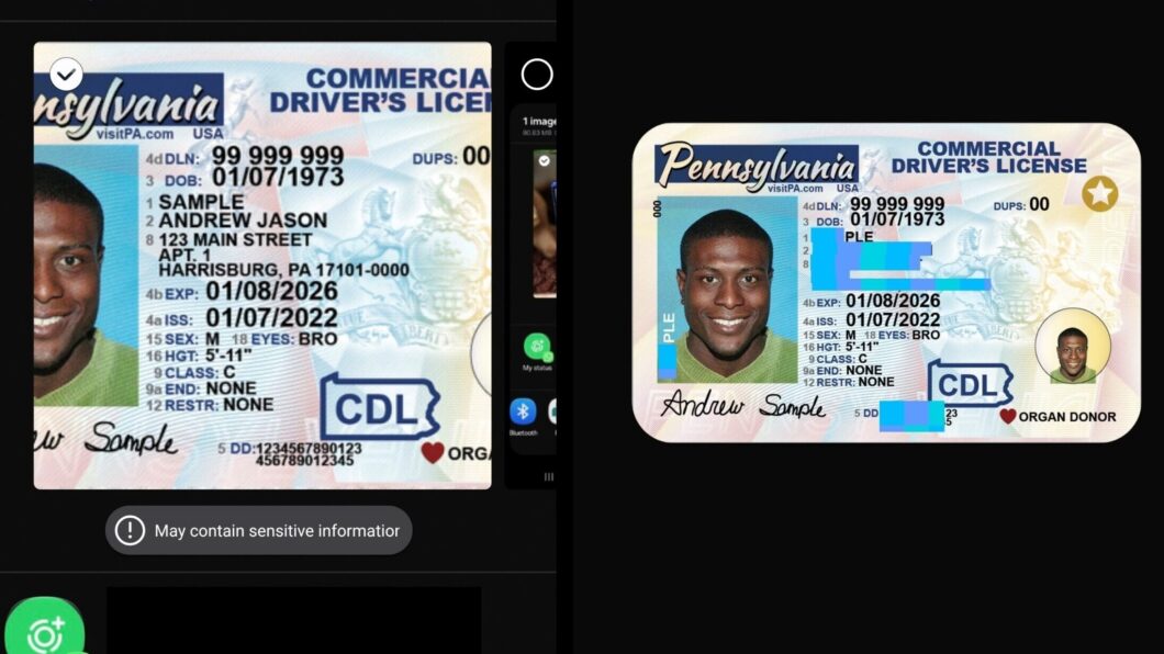 Imagem mostra uma fotografia de uma carteira de identidade dos EUA com nomes e outras informações ocultas por uma tarja azul