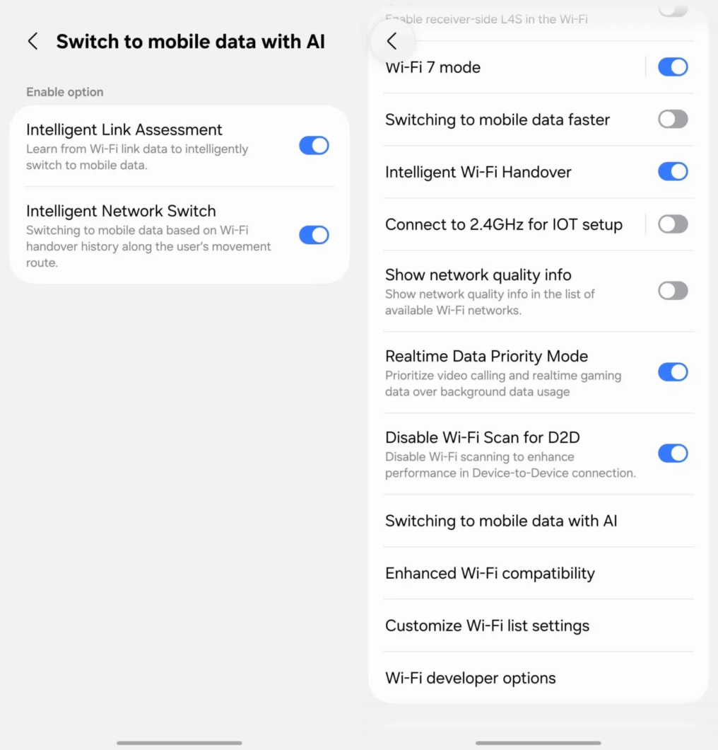 Captura de tela mostra opções para melhorar a conectividade das redes móveis no Android, com novos recursos de IA