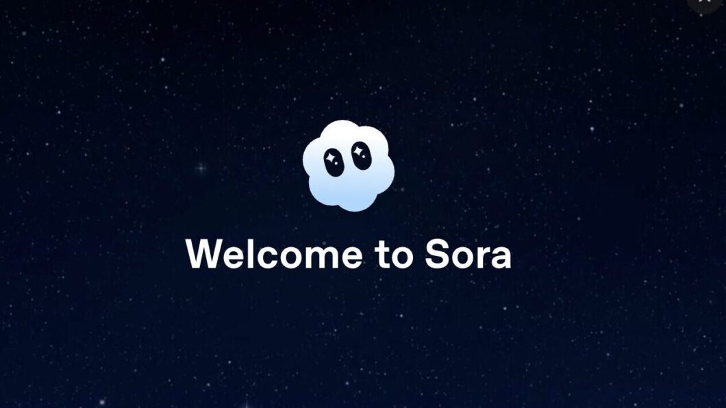 Um popup de boas-vindas com o título "Welcome to Sora"e o ícone de uma nuvem. O fundo é um céu noturno azul-escuro com estrelas. Há um botão grande branco com o texto "Access Now" (em inglês) na parte inferior.