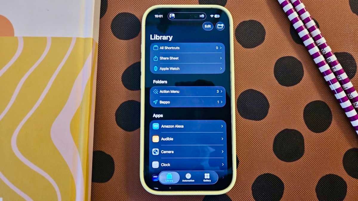 iPhone displaying Shortcuts library